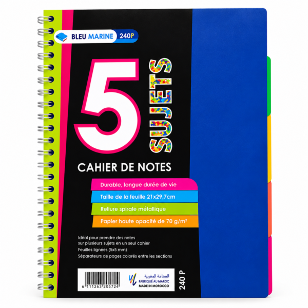 Cahier A4 à spirale 5 sujets